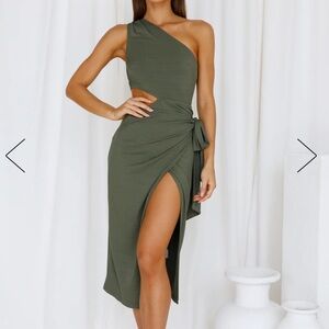 One shoulder open side wrap front slit green midi dress